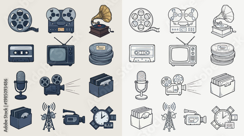 Collection of vintage and modern audio-visual equipment icons, presented in both color and monochrome outlines.