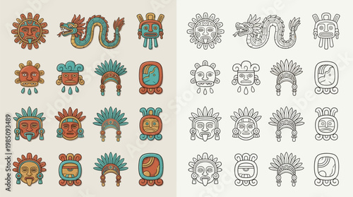 Collection of Mayan Glyphs and Symbols Featuring Sun Faces, Dragons, and Headdresses in Color and Outline Styles.