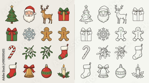 A collection of Christmas-themed icons, presented in both color and outline versions, featuring festive elements like trees, Santa, reindeer, gifts, and ornaments.