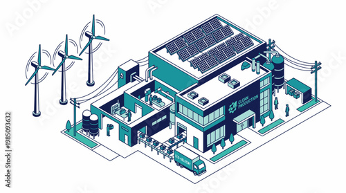 Green manufacturing plant powered by solar panels and wind turbines, vector illustration.