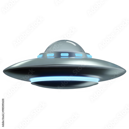 Silver flying saucer with blue lights isolated on a transparent background alien spacecraft