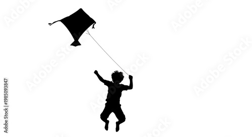 A silhouette of a joyful child flying a kite in a playful and carefree moment.