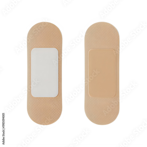 Two adhesive bandages with white and tan pads isolated on a transparent background