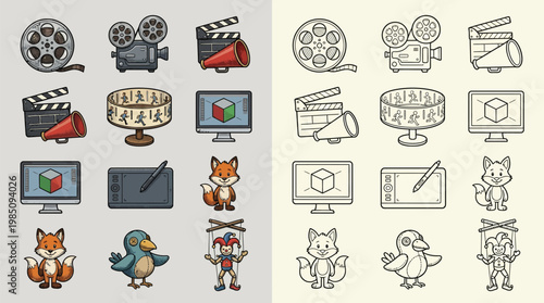 A collection of colorful and outline icons representing elements of filmmaking, animation, and digital art, including cameras, film reels, and character designs.