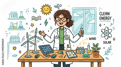 Scientist presenting clean energy concepts in a research laboratory, vector illustration.