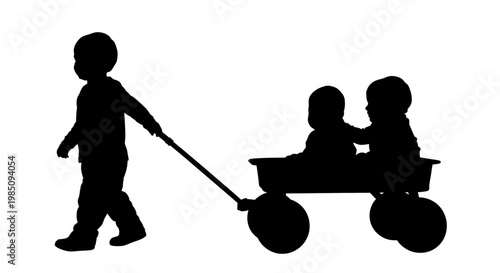 A silhouette illustration of a child pulling a wagon with two other children inside