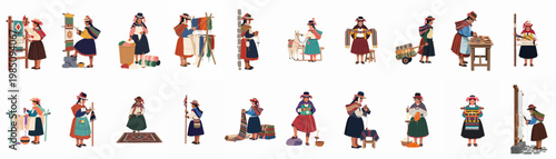 Flat vector illustrations of Andean women in traditional clothing performing textile crafts including weaving, spinning wool, and knitting on a white background.