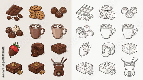 Collection of delicious chocolate-themed desserts and treats, including bars, cookies, truffles, fondue, and hot chocolate, presented in both colored and outline styles.