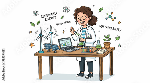 Scientist experimenting with biofuel and clean energy data in lab, vector illustration.