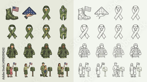 Collection of military-themed icons including boots, folded flags, awareness ribbons, soldiers, and families with flags.
