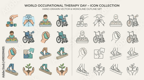 Collection of World Occupational Therapy Day icons, featuring hand-drawn vector and monochrome outline sets illustrating therapy and rehabilitation concepts.