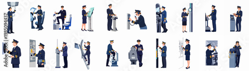 Collection of various illustrations featuring male and female airplane pilots in uniform performing different tasks and duties in a flat vector style.