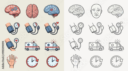 Collection of medical icons depicting stroke symptoms and emergency response, including brain scans, blood pressure monitors, ambulances, and clocks.