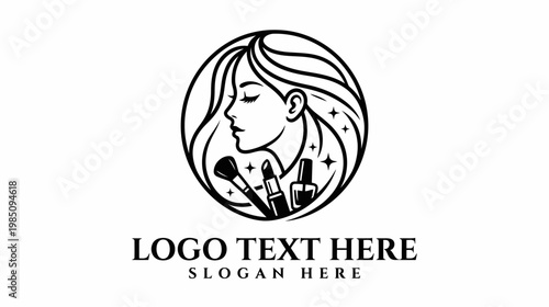 Elegant black and white logo featuring a woman's profile with makeup brushes, lipstick, and nail polish, symbolizing beauty and cosmetics.