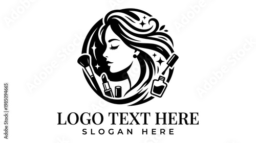 Elegant woman's face with makeup items in a circular beauty salon logo design.