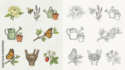 A collection of charming garden-themed illustrations, featuring a yellow rose, bumblebee, lavender, watering cans, potted plants, a butterfly on a branch, and a bird's nest with eggs.