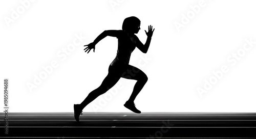 A silhouette of a woman running on a track with a white background