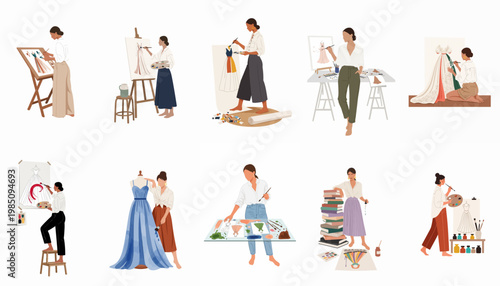Collection of flat vector illustrations featuring female fashion designers and artists creating dress sketches and working in their creative studio spaces.