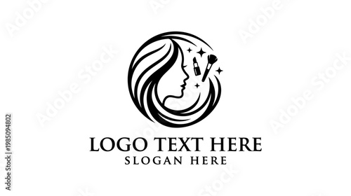 Elegant black and white circular logo featuring a woman's profile with flowing hair and makeup tools, symbolizing beauty and cosmetics.