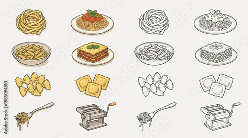 A collection of colorful and monochrome illustrations of various pasta dishes, pasta shapes, and pasta-making equipment.