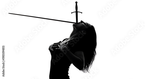 A dramatic silhouette of a woman with a sword to her throat