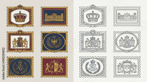 Collection of ornate postage stamp designs featuring royal crests, crowns, and official buildings, presented in both color and monochrome outlines.