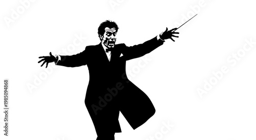 A black silhouette of a conductor in a tuxedo holding a baton in a dynamic pose