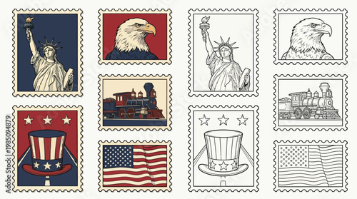 Collection of American-themed postage stamps featuring iconic symbols like the Statue of Liberty, bald eagle, Uncle Sam's hat, and the American flag.