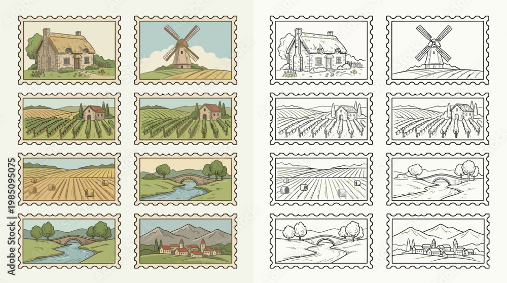 Naklejka premium A collection of postage stamps depicting rural landscapes, including cottages, windmills, vineyards, fields, and bridges.