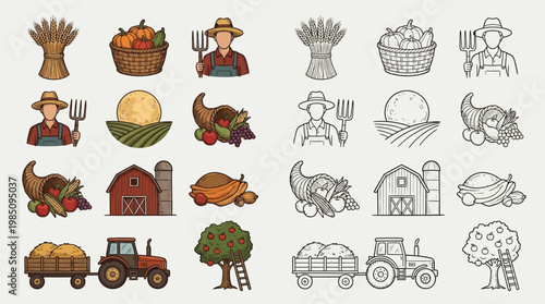 Collection of colorful and monochrome farm-themed icons including farmers, tractors, barns, crops, and harvest symbols.