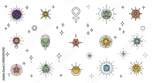 Collection of mystical and magical symbols, celestial bodies, and esoteric elements.