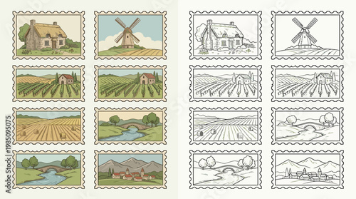 A collection of postage stamps depicting rural landscapes, including cottages, windmills, vineyards, fields, and bridges.