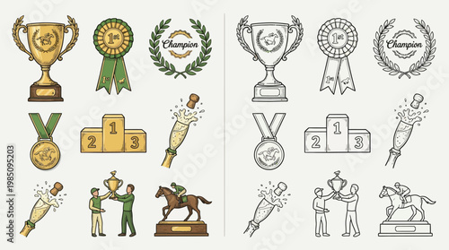 Collection of colorful and monochrome illustrations depicting various symbols of victory and achievement, including trophies, medals, podiums, and celebratory champagne.