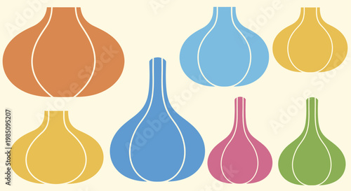 Collection of stylized garlic bulbs in various vibrant colors.