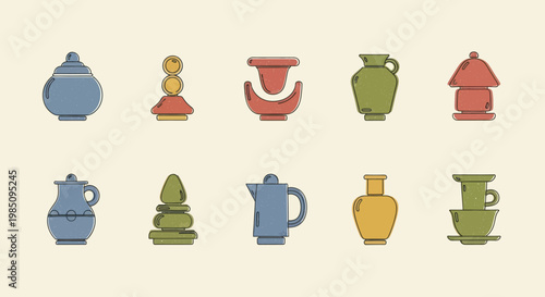 Collection of various ceramic and pottery vessels in a flat design style.