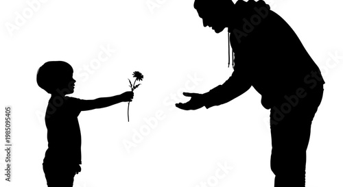 A silhouette of a child giving a flower to an adult on a white background