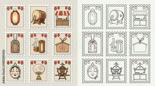Collection of Japanese festival stamps featuring traditional items like lanterns, drums, stalls, amulets, and masks, presented in both color and outline.