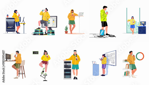 Set of flat illustrations featuring young professionals in casual hoodies working in a modern tech office environment and data center.