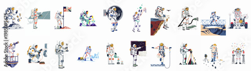 Collection of Astronaut Illustrations Depicting Various Space Exploration Activities, Scientific Research, and Future Maintenance Tasks on Different Planetary Surfaces.