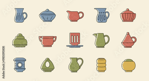 Collection of Vintage Ceramic Pottery and Kitchenware Icons.