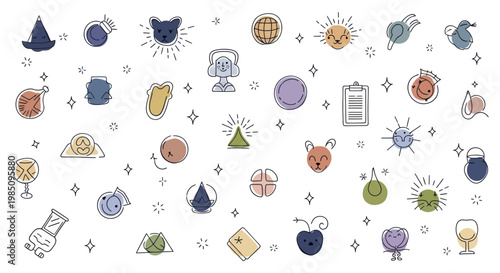 Collection of Whimsical Doodle Icons Representing Various Concepts.