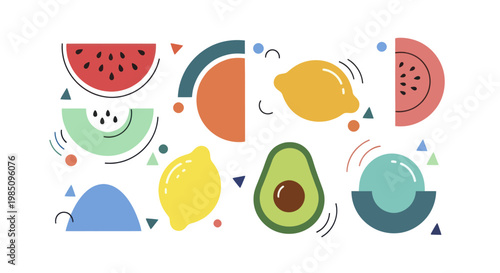 Colorful Abstract Fruit Collection - Watermelon, Melon, Lemon, Avocado, and Blueberries.