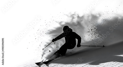 A skier in motion, speeding down a snowy slope, creating a cloud of snow behind them.