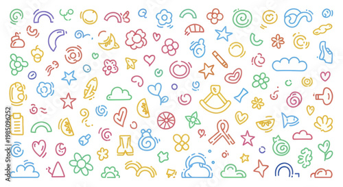 Colorful Doodle Icons and Symbols Collection on White Background.