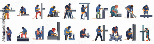 Comprehensive collection of flat illustrations featuring professional welders working on various metal structures with sparks, wearing essential protective safety gear.