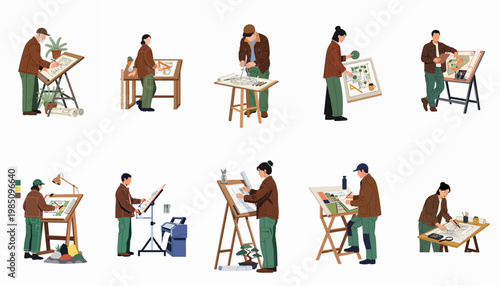 Diverse collection of architects and landscape designers working on blueprints, technical drawings, and site plans at drafting tables in a flat illustration style.