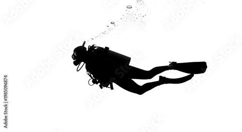 A scuba diver swims through the water in a sleek black silhouette