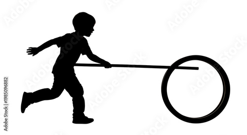 A black silhouette of a child running while pulling a wheel with a stick on a white background