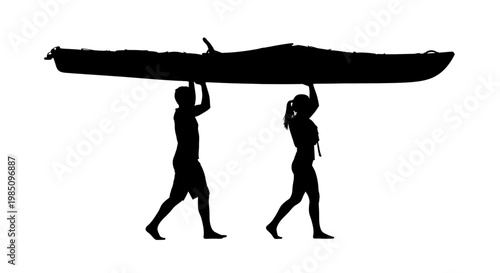 A vector graphic illustration of two people carrying a canoe in a minimalist silhouette style