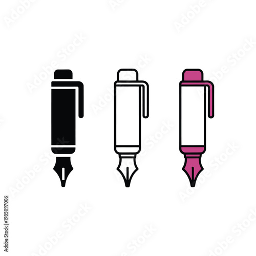 Three fountain pens in differing colors and outlines on a white background